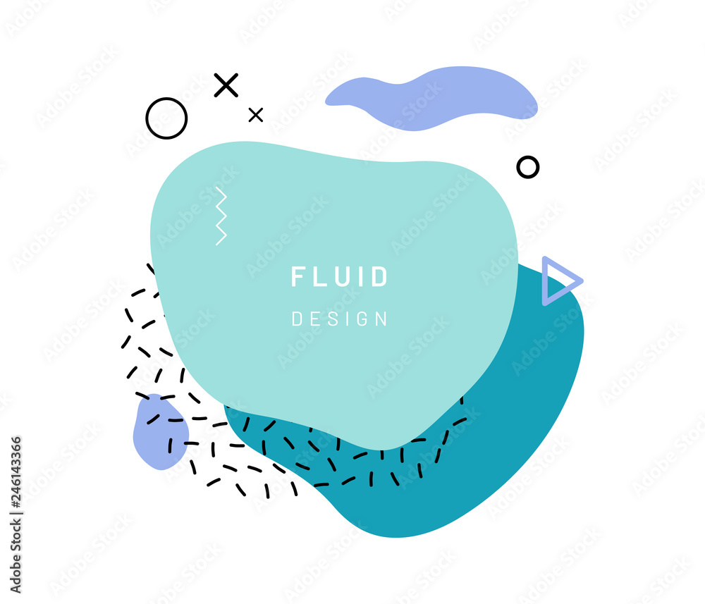 Poster Abstract geometric shapes or texture in memphis style. Retro summer pattern with blue, turquoise and violet colors. Modern poster design or background composition dots and triangle, free shape form.