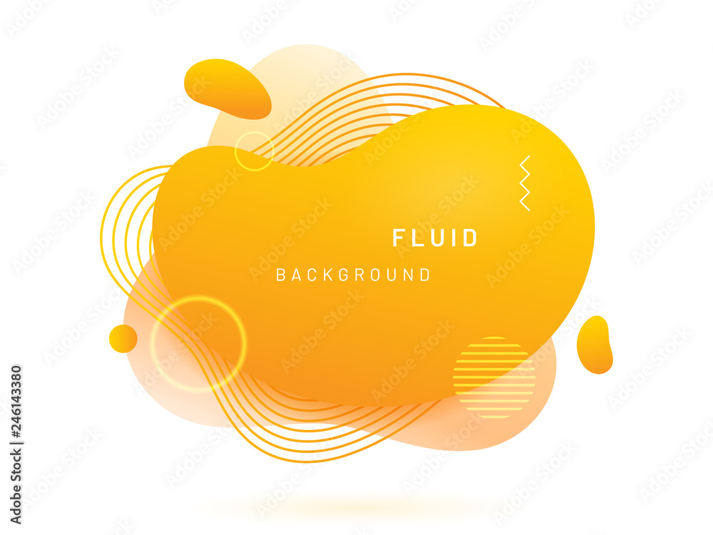 Poster Yellow liquid blob with lines and circle. Abstract fluid spot as template for logo background. Gradient aqua blotch for modern card design. Dynamical colored circles and lines in free shape