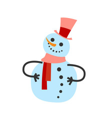 Female snowman in warm winter scarf and high hat. Smiling cartoon wintertime character greets everyone, Christmas postcard isolated vector snowball icon