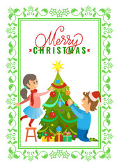 Greeting card Merry Christmas wishes, boy and girl decorating New Year tree on Xmas eve. Vector evergreen plant topped by stars, presents gifts under spruce