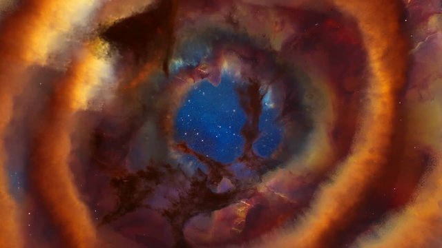 A three dimensional deep space trip through a tunnel of gas and dust with a starry background