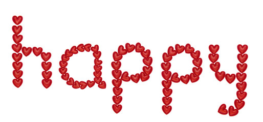 word happy, made from decorative red hearts. Isolated on white background. Concepts: ABC, alphabet, logo, symbols, love, valentines day