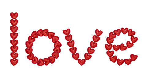 word love, made from decorative red hearts. Isolated on white background. Concepts: ABC, logo, symbols, valentines day