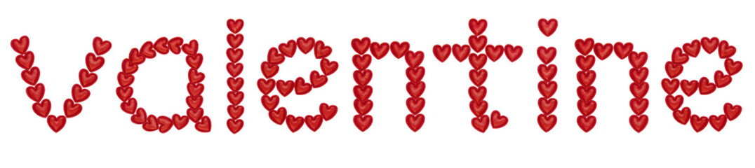 word valentine, made from decorative red hearts. Isolated on white background