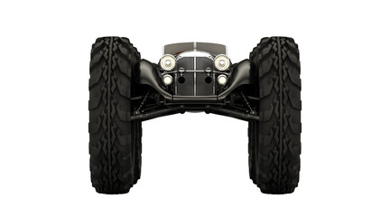 Auto vintage steampunk, vecchia automobile del 1900 con ruote gigante come un monster truck, tuning estremo, illustrazione 3d, rendering 3d