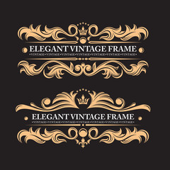 Vintage elements on a black background. Luxurious heraldic leaf ornament. Wedding monogram. Exclusive calligraphic design elements. Golden border and frame. Luxurious template.