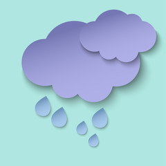 Dark paper cut clouds and rain drops. 3d paper art style. Weather illustration
