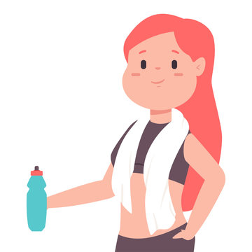 Cute girl with a bottle of water and a towel around her neck is resting after a workout. Vector cartoon woman character isolated on white background.