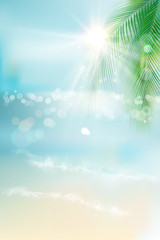 Fototapeta na wymiar View of the sunny beach with a palm tree. Blue ocean. Vector Illustration. 
