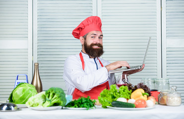 Culinary channel. Happy bearded man. chef recipe. Cuisine culinary. Vitamin. Dieting organic food. Vegetarian salad with fresh vegetables. Healthy food cooking. Mature hipster with beard