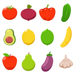 Vegetables and fruits vector cartoon flat icons set isolated on a white background.