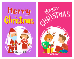 Merry Christmas holidays, children opening presents, Santa Claus and Snow Maiden, vector characters in round brush frame. Girl wearing reindeer horns accessories