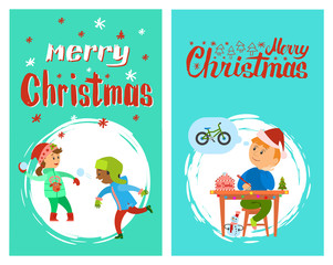 Merry Christmas poster with lettering text, children fighting with snow outdoors, boy writing letter to Santa with wishes. New Year Greeting cards on blue