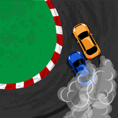 Burnout car, Japanese drift sport car. pair drift two cars on the turn of the racetrack. Vector illustration for sticker, poster or badge
