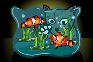Cat see two Clown fish swimming in the jar