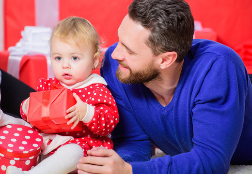 Fathers day holiday. Shopping online. Boxing day. Love and trust in family. Bearded man with little girl. Happy family with present box. father and doughter child. Valentines day. Red boxes