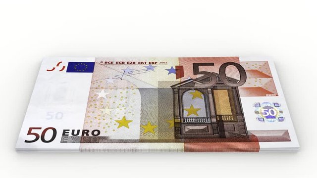 Animazione illustrazione 3D. Crescita pila di banconote da  cinquanta euro su sfondo bianco