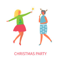 Christmas party of women friend drinking champagne vector. Beverage in glass of lady wearing sweater with pine tree. Lady with reindeer horns costumes