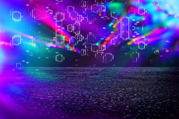 Futuristic background of the 80s retro style. Digital or Cyber Surface. neon lights and geometric...