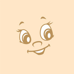 Lovely nice attractive face on a beige background. Smilie girl eyelashes mysteriously smiles. Flat design.