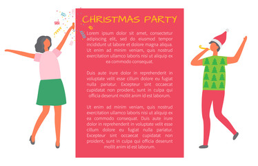 Christmas party celebration, man with glass of champagne, woman in Santa Claus hat dancing in cartoon style. Colleagues invitation leaflet, poster with text