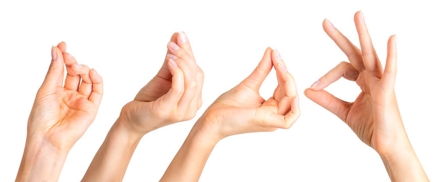 Set of woman hands holding something with two fingers