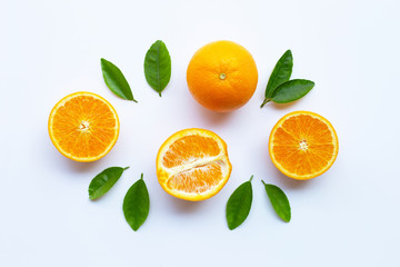 High vitamin C. Fresh orange citrus fruit with leaves isolated on white