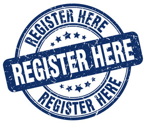 register here blue grunge round vintage rubber stamp