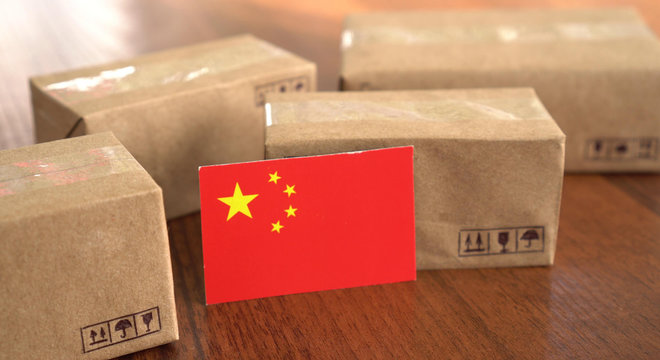 Paper box with a flag of China. Trade in goods with World - Powered by Adobe
