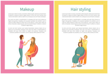 Makeup and hair styling posters set with text. Spa salon visagiste and hairdresser vector. Woman making new hairstyle, wavy locks, face beautification