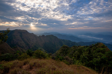 fog and cloud mountain valley landscape on sunrise