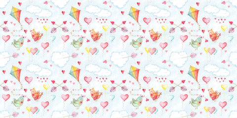 Saint Valentines day, seamless pattern with love symbols. Romantic illustration with birds, hearts and arrows, clouds and kites. Watercolor hand drawn decoration for background