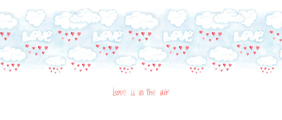 Saint Valentines day banner, love is in the air. Romantic illustration with red hearts, clouds and lettering, hand drawn holiday card decoration