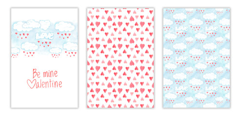 Valentines day card design, be mine valentine phrase. Romantic illustration with red hearts and clouds, hand drawn watercolor collection
