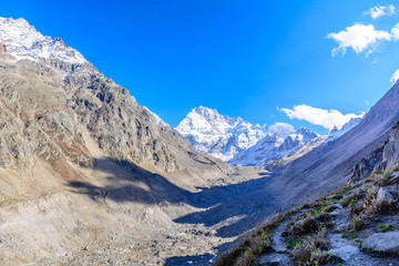 Himalayan mountain range with snow peaks during Hampta Pass trek at Himachal Pradesh, India
