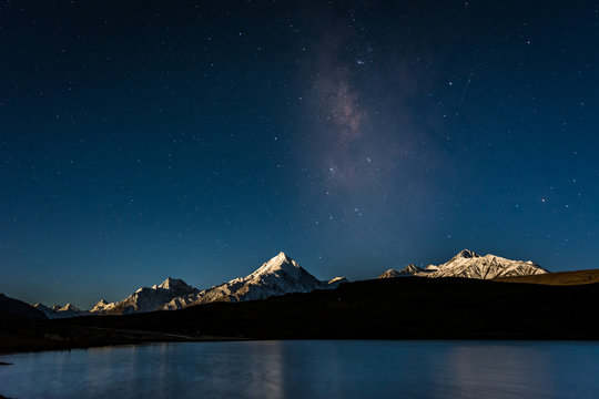 Chandratal lake with milkyway background on full moon night. The chandratal lake is also known as lake of the moon
