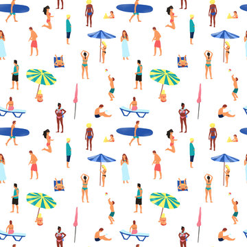 Hand drawn digital illustration seamless pattern background with figures of people on the beach in simple design