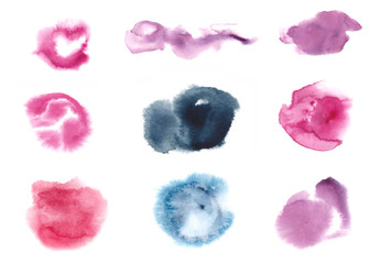 Wet colourful watercolor grung spots illustartion elements with copy space