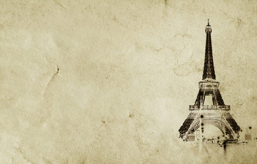 Fototapeta na wymiar Old vintage paper texture background with the silhouette of the eiffel tower in Paris. High-quality photo texture of old vintage paper with scuffs, cracks and drops of spilled coffee.