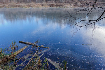 Blue ice on the surface of a forest lake. The snow has not yet fallen. Early winter