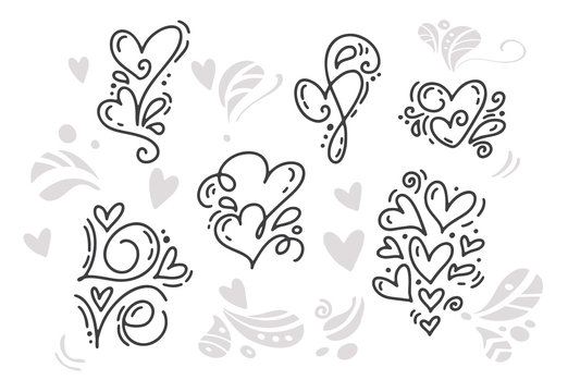Vector monoline Valentines Day Hand Drawn elements. Happy Valentine Day. Holiday sketch doodle Design card with Heart. Isolated illustration decor for web, wedding and print