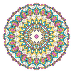 Decorative colorful ethnic mandala pattern. Design element for greeting card, banner or poster in oriental style. Hand drawn illustration