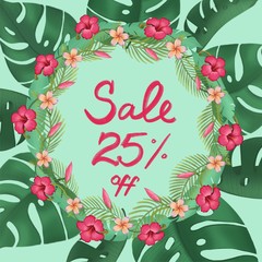 Sale poster discount twenty five 25% percent off special offer. Promotion banner with palm leaves, jungle leaf and handwriting lettering. Floral tropical summer background