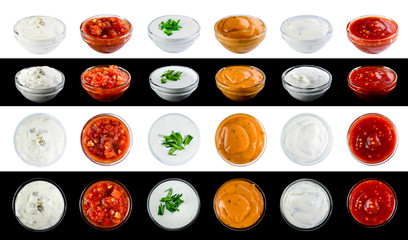 Bowl with sauce set isolated on white and black background