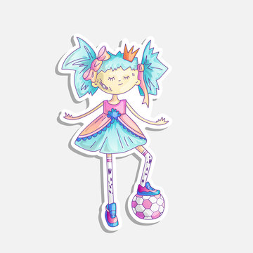Vector cartoon princess illustration. Sassy girl princess with soccer ball and in cute fairy tail dress and crown. Cute princess sticker, feminism concept. Strong brave princess with soccer ball.