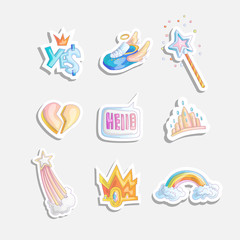 Cute girl princess icon set. Collection of cute princess stickers with sneakers, heart, tiara rainbow in clouds, magic wand. Princess and cute cartoon stickers set