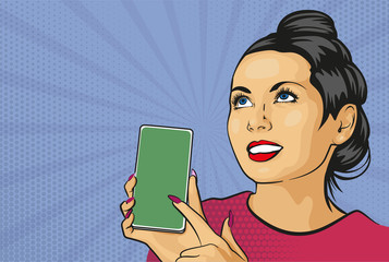 Pinup girl with Smartphone. Beautiful woman showing on the display of her phone. Vector illustration. Vintage style © Pavel_A