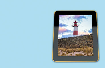Tablet with Lighthouse on display - Lighthouse on Sylt, Germany - 3D Rendering 