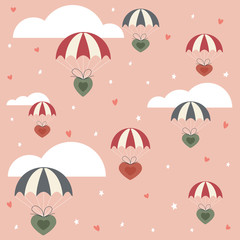 Fototapeta na wymiar Valentines Hearts with Parachute on Pink Background