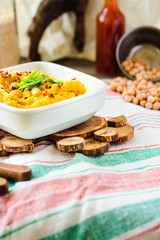 Hummus Chickpea in bowl. Homemade hummus. Bowl of arabic or lebanese vegetarian hummus. Selective focus.
